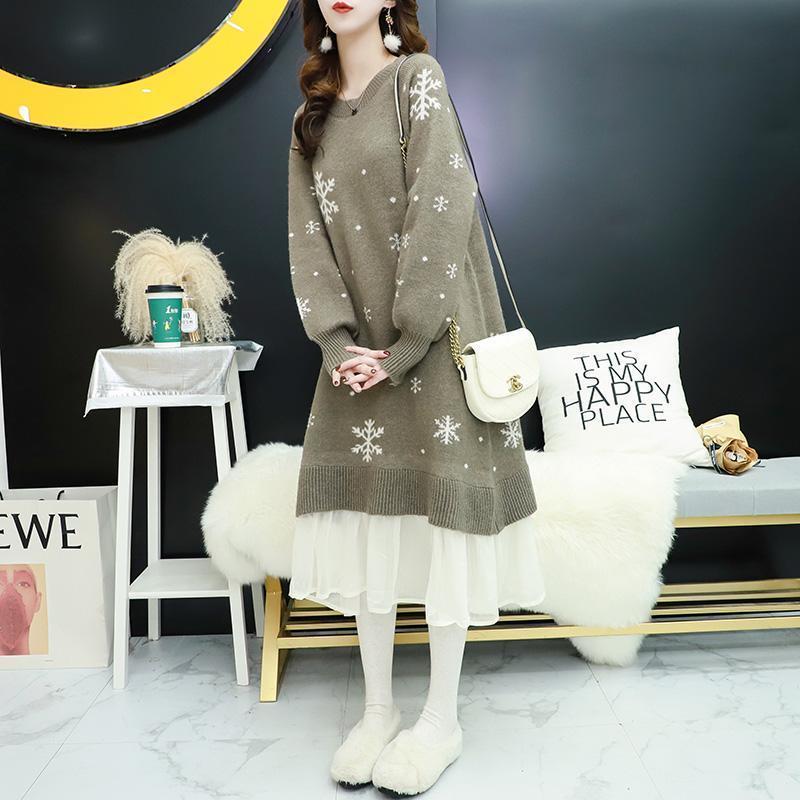 Autumn and Winter Fashion Trend Snowflake Women's Sweater Dress Loose-fitting Mini Sexy Blouse