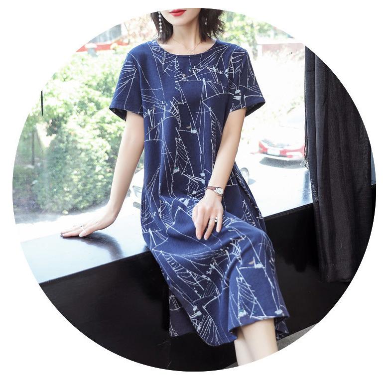 Women's Summer Plus Size Dress Loose Casual Mid-length Over-the-knee Round Neck Pocket Short-sleeved Printed Skirt