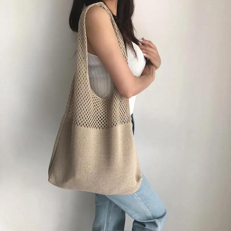 Women Casual Hollow Woven Shoulder Bag Knitted Handbags Large Capacity Vintage Tote Bags