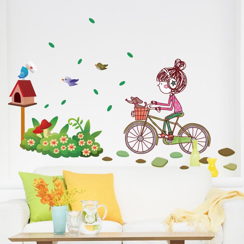 Cartoon girl room decoration wall sticker bicycle girl wall sticker