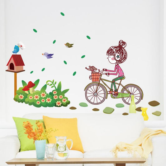 Cartoon girl room decoration wall sticker bicycle girl wall sticker