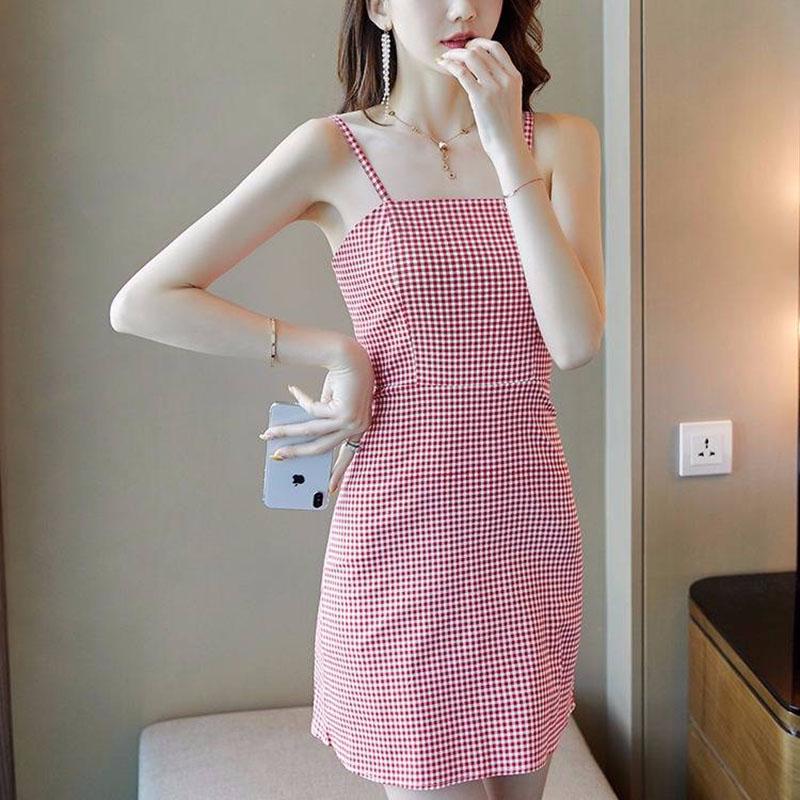 Women Slip Dress Summer Plaid Spaghetti Strap Pdress Sleeveless Sexy Backless Short Dress