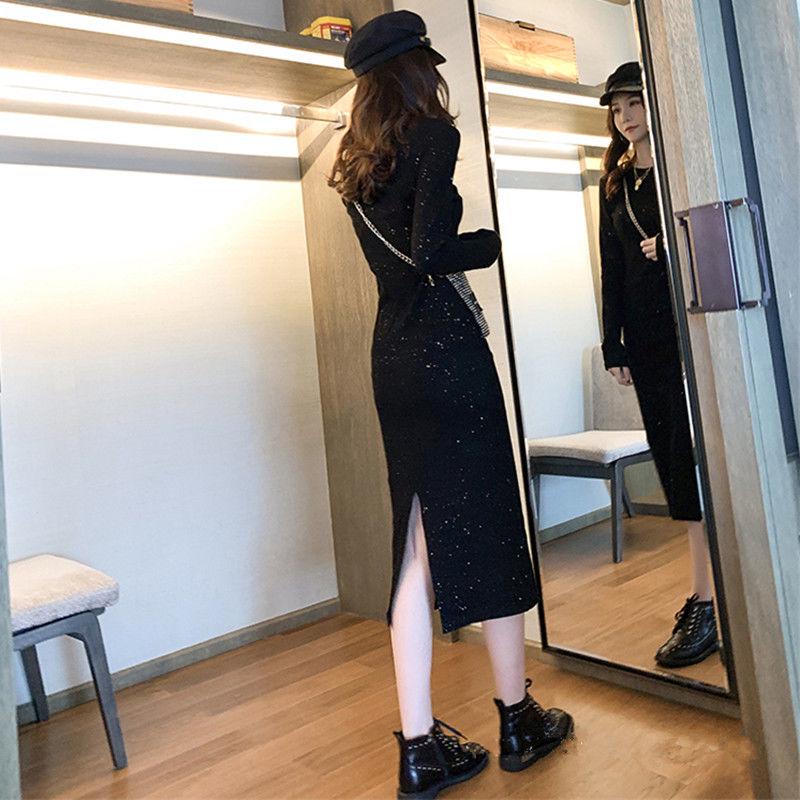Pofulove dress winter was thin long-sleeved bottoming dress black long skirt autumn women tide