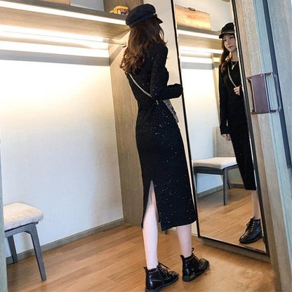 Pofulove dress winter was thin long-sleeved bottoming dress black long skirt autumn women tide