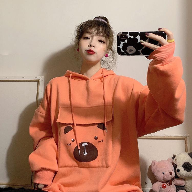 Autumn and Winter Thickened Student Jacket Women's Loose Hooded Big Pocket Blouse Mid-length Sweater