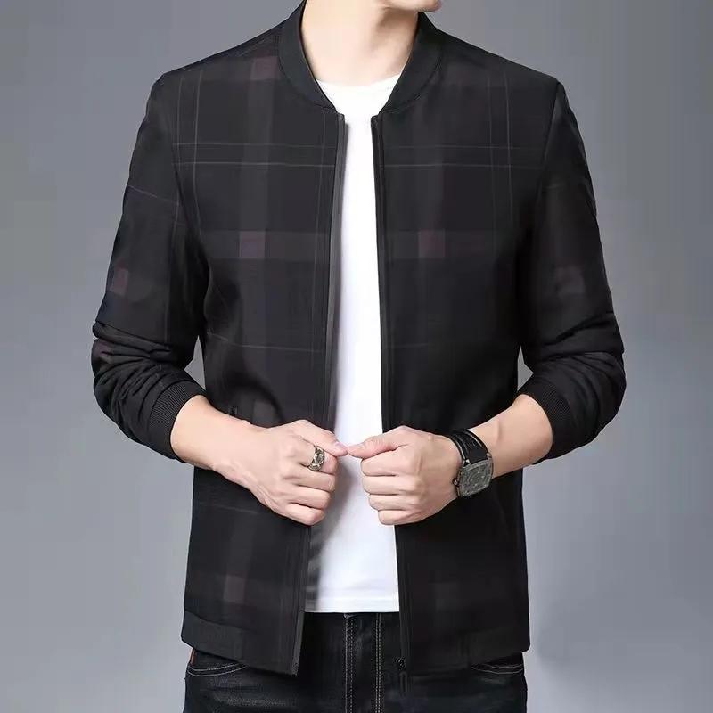 Men's Spring and Autumn Stand Collar Thin Coat Plaid Casual Slim Jacket Middle-aged High Quality Baseball Uniform Jacket