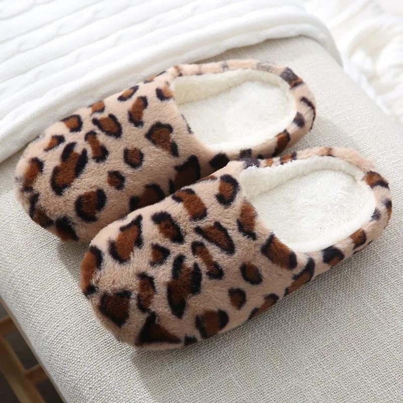 Women Autumn Winter Indoor Slippers Warm Plush Home Leopard Print Slipper Female Household Flat Floor Soft Slient Slippers for Bedroom