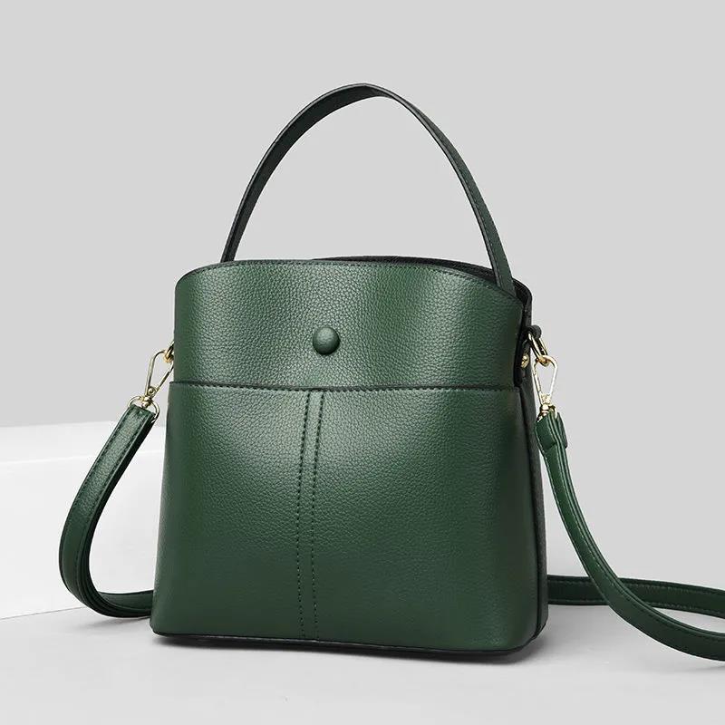 Real Cowhide Women Bucket Bag Casual Female Handbag Portable Multi-Layer Large Capacity Soft Surface 5 Colors