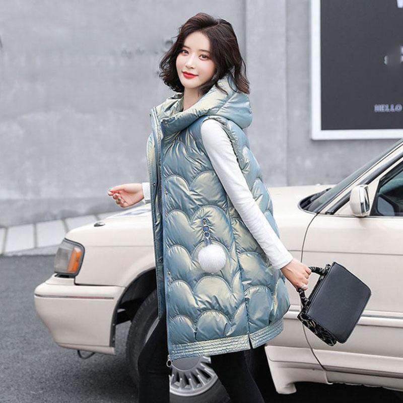 Winter Ladies Hooded Down Vest Jacket Fashion Glossy Down Cotton Sleeveless Jacket Thicken Warm Winter Vest