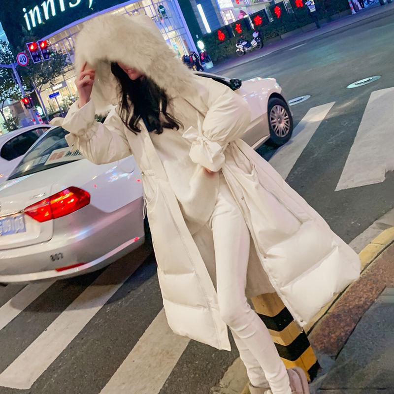 Fashionable Temperament Hooded Fur Collar Women's Down Jacket Autumn and Winter Plus Velvet Thickening Warm Loose Casual White Duck Down Down Jacket