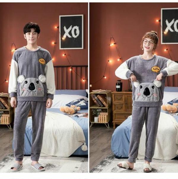 Cartoon Couple Pajamas Suit Tops and Pants Men Home Clothes Ladies Winter Cashmere Warm Homewear