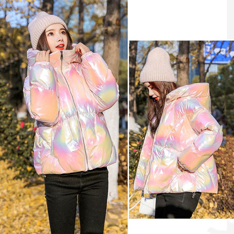 Women's Bright Print Short Down Jacket Winter Korean Loose Quilted Jacket Casual Stand-up Collar Hooded Down Jacket Quilted Jacket