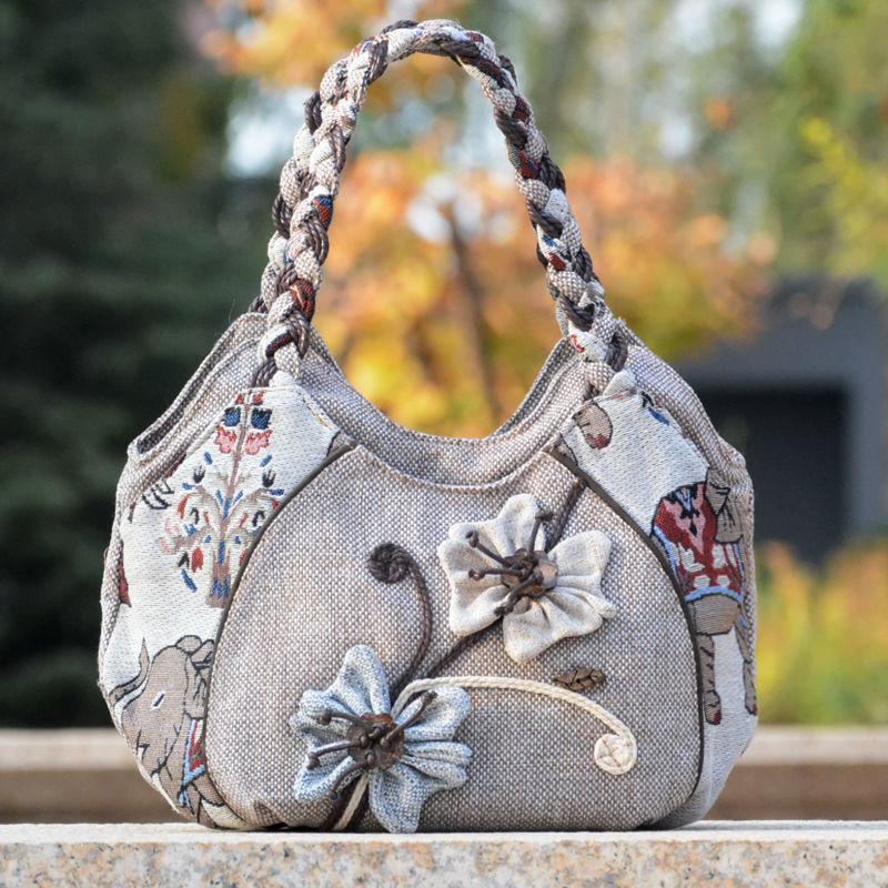 Middle Aged Women Handbag Casual Daily Shopper Ethnic Style  Anvas Cotton and Linen Woven Animal Flower Print Pattern