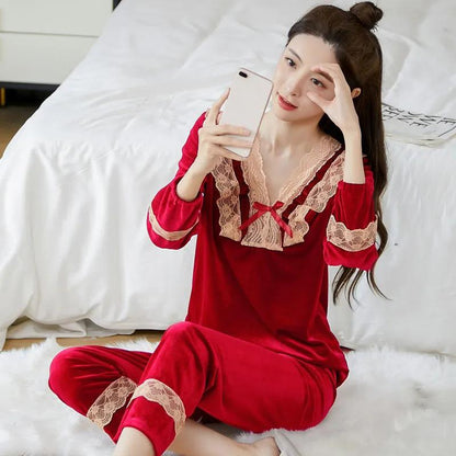 Women's Lace Bow Knot Gold Velvet Pajama Set V-Neck Solid Color Loose Comfortable Two-piece Set Out Wear Long Sleeves Nightgowns Sleeping Set