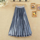 Golden Velvet Yarn Skirt Woman's Mid-length Elastic Waist Printed Lace High Waist A-line Skirt Pleated Skirt School Work Travel