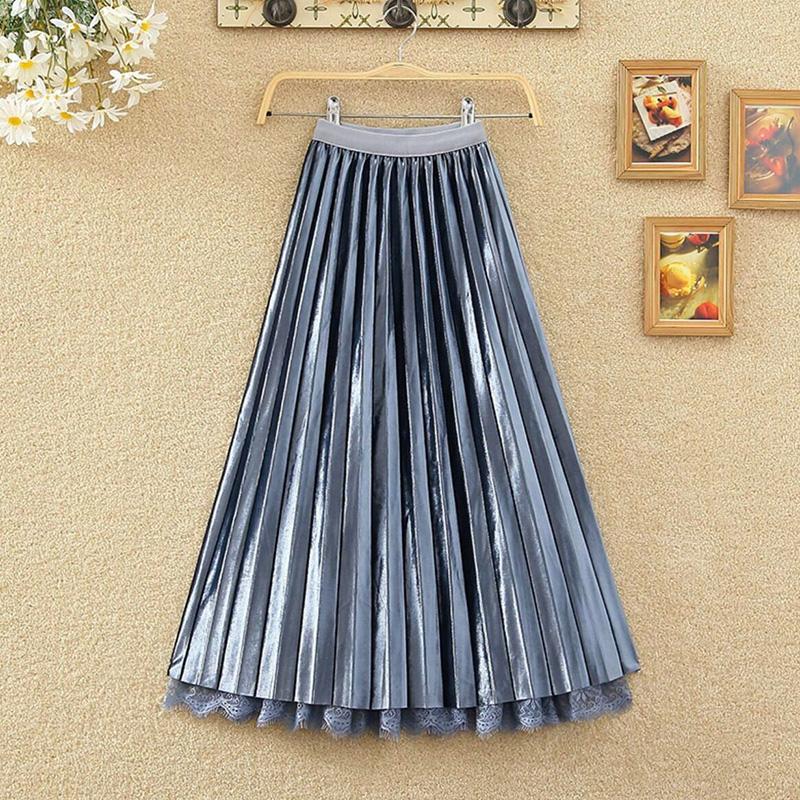 Golden Velvet Yarn Skirt Woman's Mid-length Elastic Waist Printed Lace High Waist A-line Skirt Pleated Skirt School Work Travel