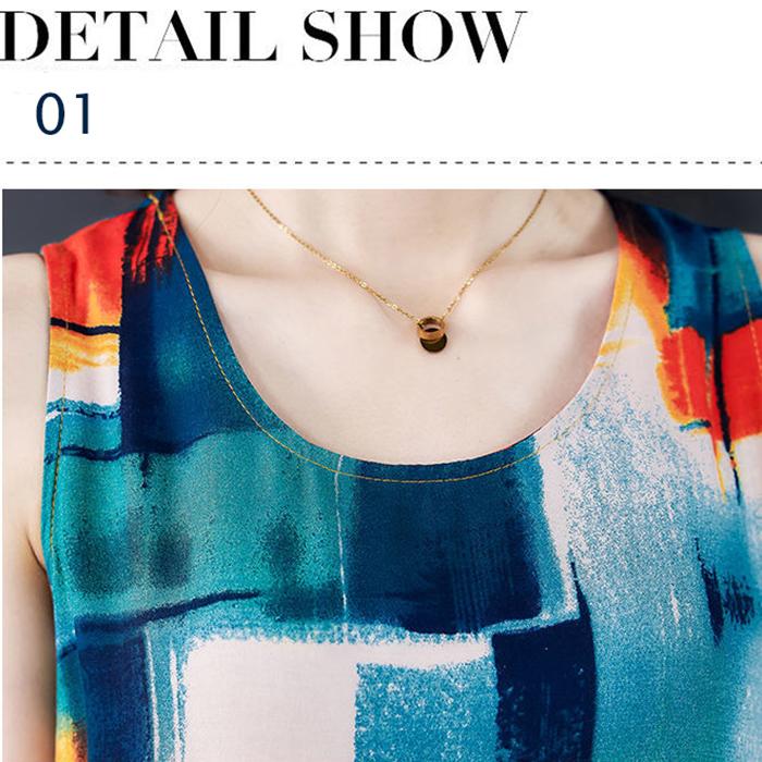 M-XXXXL Summer Ethnic Print Satin Fabric Dress Round Neck Mom Loose Slim Mid-length Vest Skirt Daily