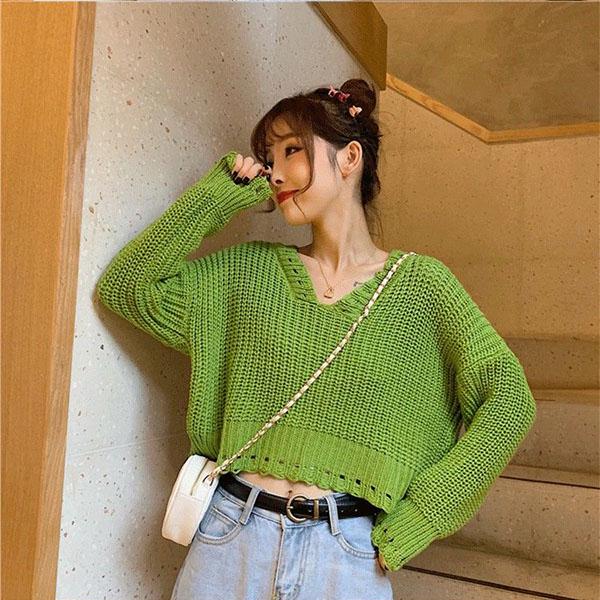 Avocado Green Sweater Women's Loose Autumn Long Sleeve V-neck Hollow Short Knit