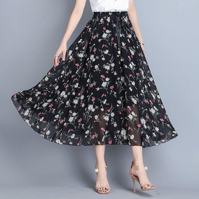 Pleated Floral Skirt Summer Women's High Waist Mid-length A-line Draping Chiffon Fairy Dress Beach Vacation Daily