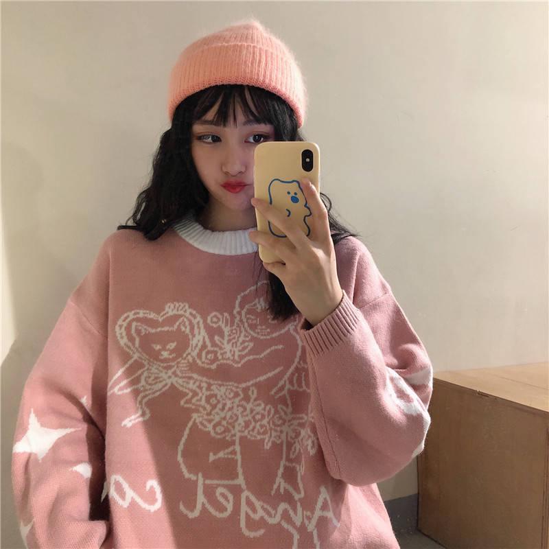 Pofulove Sweet Fresh Autumn Winter College Style Loose Hedging Round Neck Student Knitted Sweater