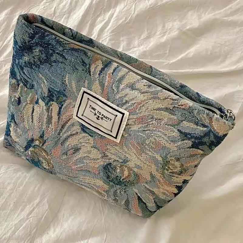 Blue Jacquard Cosmetic Bag Women's Retro Literary Simple and Elegant Flowers Convenient Small Bag