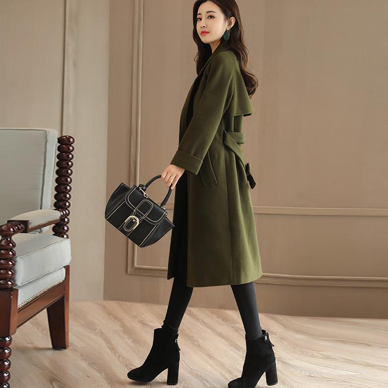 Long Women's Coat Lapel Pocket Belted Jackets Solid Color Coats Female Elegant Outerwear Ladies Coat
