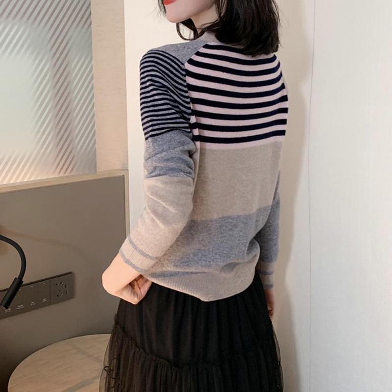 Color-block Knit Sweater Long-sleeved Loose V-neck Sweater Cardigan Jacket Female Spring and Autumn Korean Version of All-match Thin Top