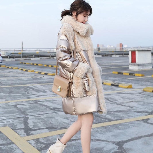 Cotton Women's Mid-length Women's Fur Collar Imitation Lamb Wool Splicing Shiny Coat