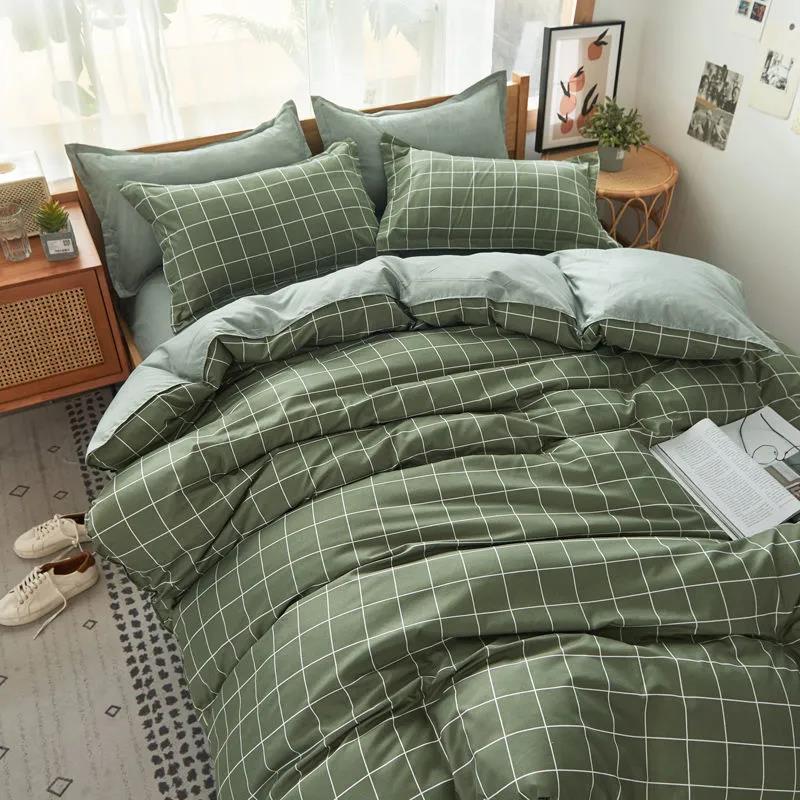 Fashion Simple Cotton Plaid Four-piece Bedding Bedroom Thickening Skin-friendly Quilt Cover Sheet Single Double Dormitory Bedding