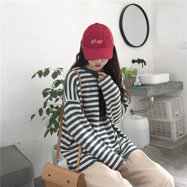 Net red long sleeve pullover striped sweater female autumn and winter wear loose sweater