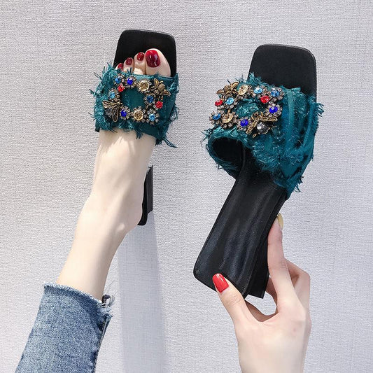 Fashion net red rhinestones with thick heel with a drag sandals ins slippers women summer wear