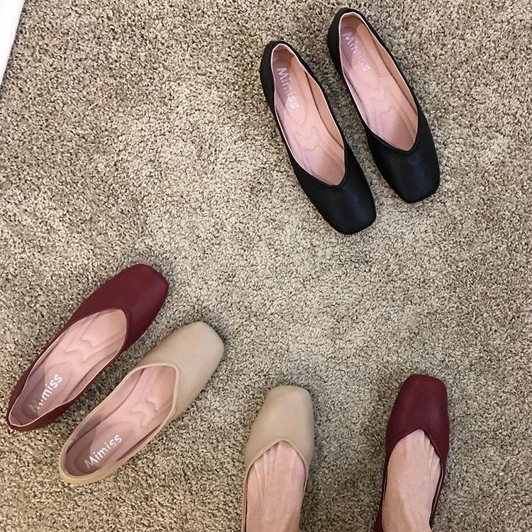 Women 'S Spring Summer Flats Shoes Vintage Soft Leather Low Heels Slip On Footwear Square Head Shoes