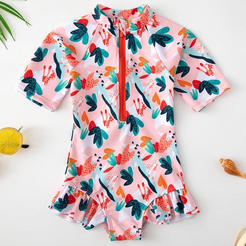 Baby Girls Flower Printed Swimsuit Summer One Piece Bikini Swimming Suit Kids Baby Short Sleeve Lotus Leaf Sleeve Quick Dry Beachsuit