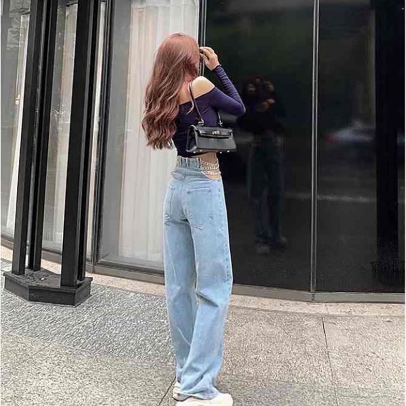 Design Sense Chain Sexy High Waist Jeans Female Spring Korean Version Loose and Thin Wide Leg Mopping Pants Trousers