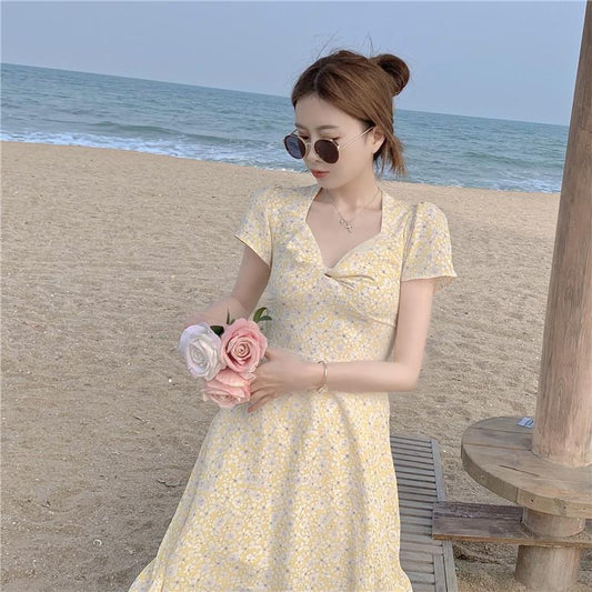 Female Simple Floral Print Elegant Slim Holiday Dress Vintage Short Backless A-line Vacation Beach Dress