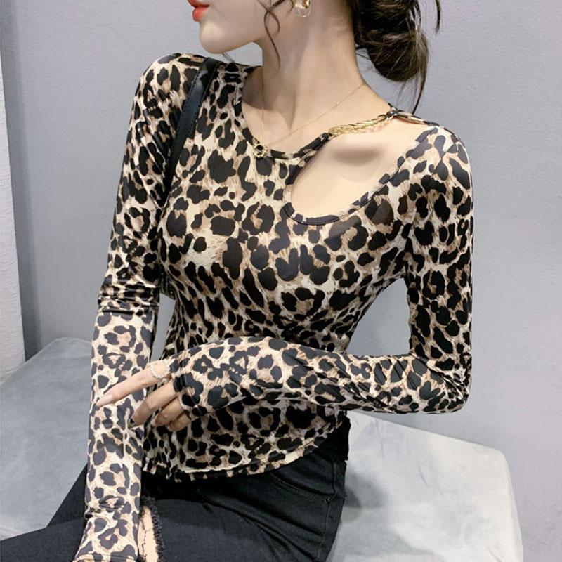 Spring and Autumn Leopard Print T-Shirt Women's Long Sleeve Sexy Top Slim Fit Bottoming Shirt
