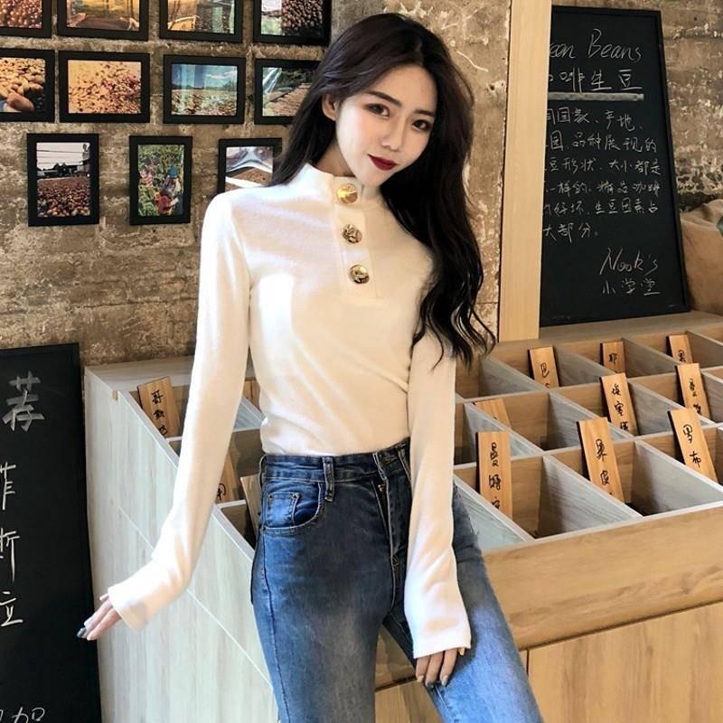 Fashion Sweater Women's Button Design Autumn and Winter Wild Slim Bottoming Sweater