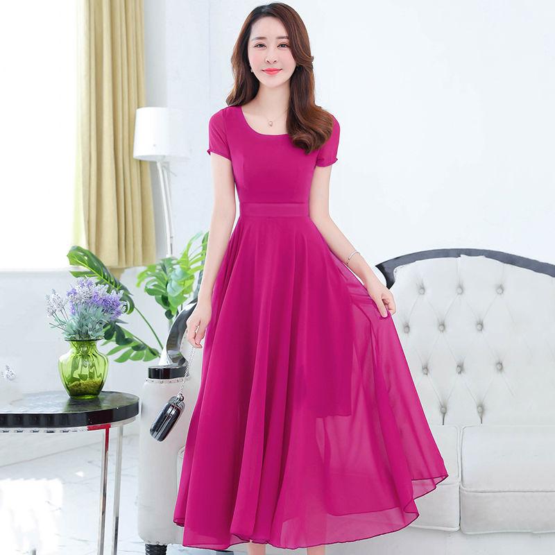 Temperament Was Thin Dress Female Big Chiffon Beach Skirt Large Size Mid-length Dancing Long Skirt Temperament Elegant Long Skirt