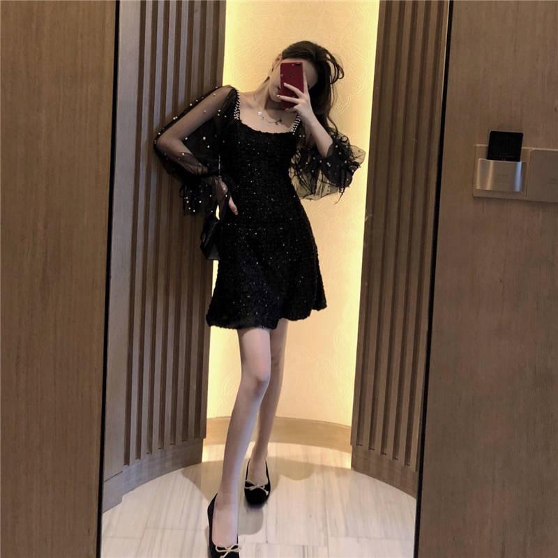 Nightclub Dress Fashion Sexy Slim Slim Wild Net Yarn Bubble Sleeve Temperament Dress Women