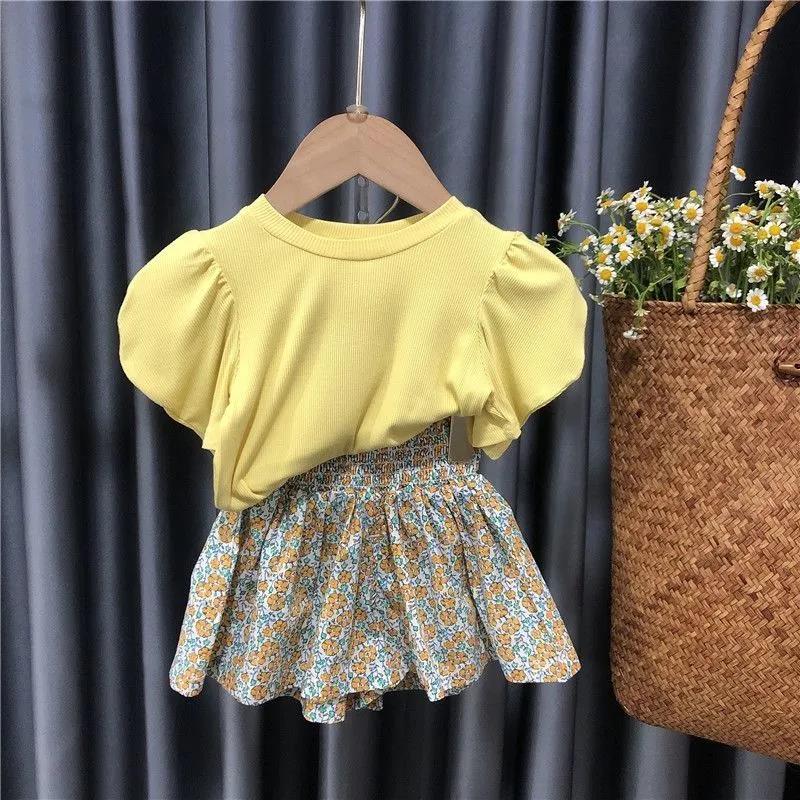 Girls' Cotton Suit Summer Female Baby Baby Solid Color Short-sleeved Little Girl Skirt Pants Thin Section