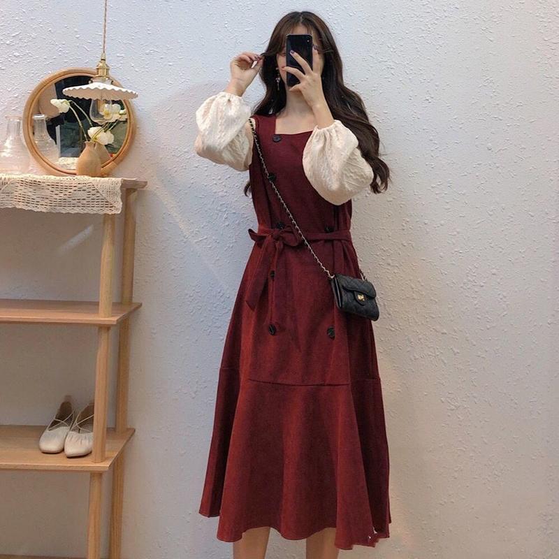 Large Size Dress Spring Dress Waist Waist Was Thin  Fake Two Pieces of Western Style Age-reducing French Retro Long Skirt