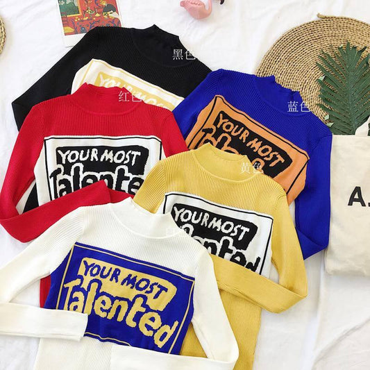 Funky Letter Knitwears Turtleneck Slim Fit Bottoming Shirt Solid Color Pullover Sweater Top