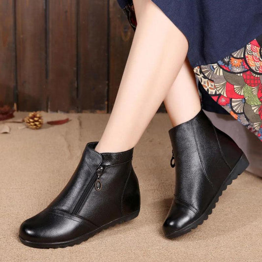 Soft Leather Non-slip Autumn and Winter Plus Velvet Side Zipper Cotton Boots Women Lace-up Ankle Boots