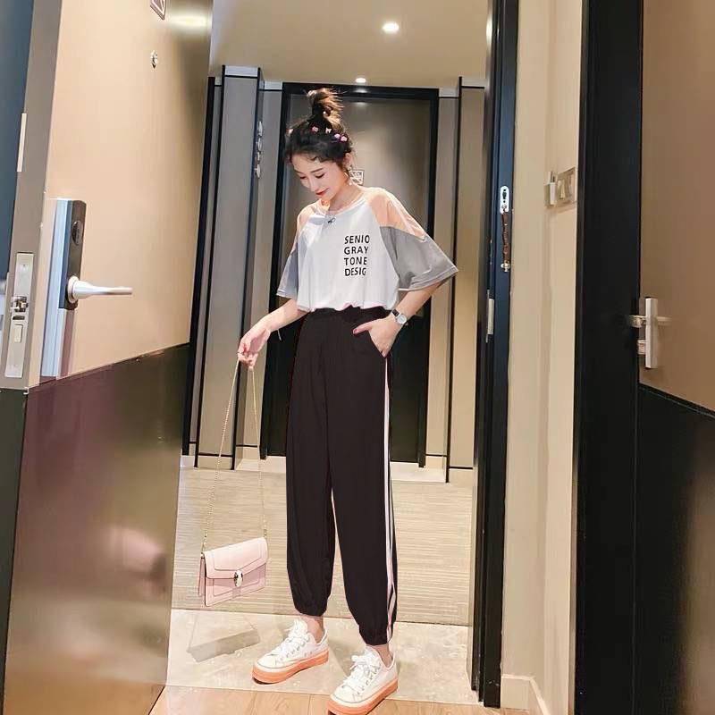 Loose Casual Suit Women's Summer Slimming Sportswear Lightweight Breathable Sweat-absorbent Two-piece Round Neck Short-sleeved T-shirt + Sports Pants