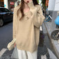 Women's V-neck Sweater Autumn and Winter Loose Outer Wear Lazy Style Solid Color Knit Sweater Pullover Mid-length Top
