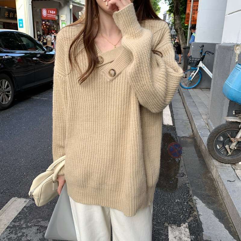 Women's V-neck Sweater Autumn and Winter Loose Outer Wear Lazy Style Solid Color Knit Sweater Pullover Mid-length Top