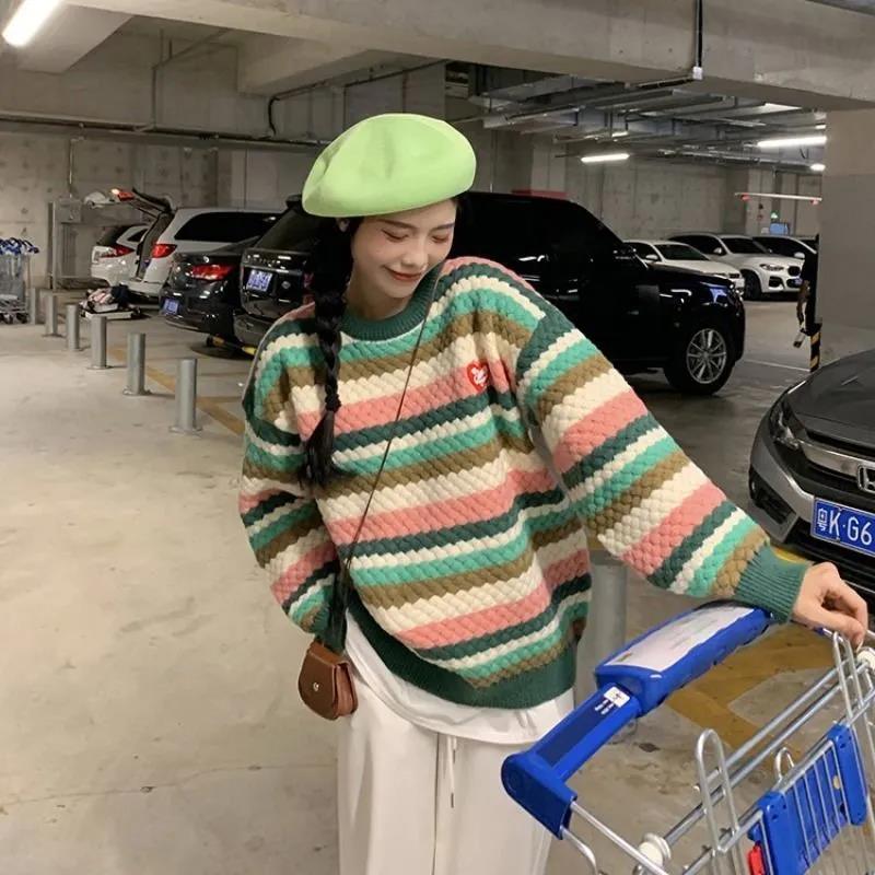 Japanese Color Striped Sweater Sweater Women's Autumn and Winter Loose Round Neck College Style Couple Pullover Top Coat