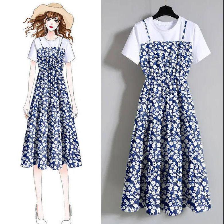 Women Summer Elegant Dress Vintage Slim Short Sleeve High Waist Chiffon Floral Printed Versatile Mid-length Dress