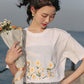 Pure Color Flower Pattern Embroidery Women  Causal  T Shirt Tee Lady Girl Top Hipster Cartoons Style T-Shirts