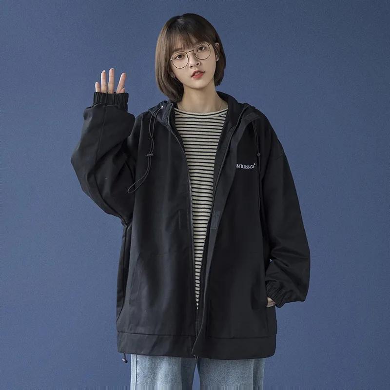 Women's Spring and Autumn Workwear Coat Student Korean Style Loose Versatile Hooded Jacket Casual Zipper Baseball Uniform Cardigan Top